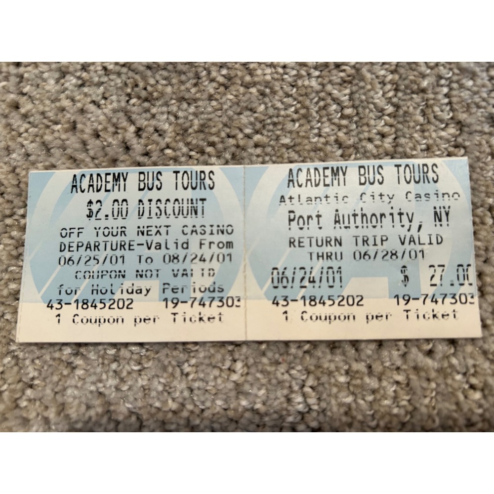 Academy Bus Tours Atlantic City Casino Round Trip Ticket 06/24/01
